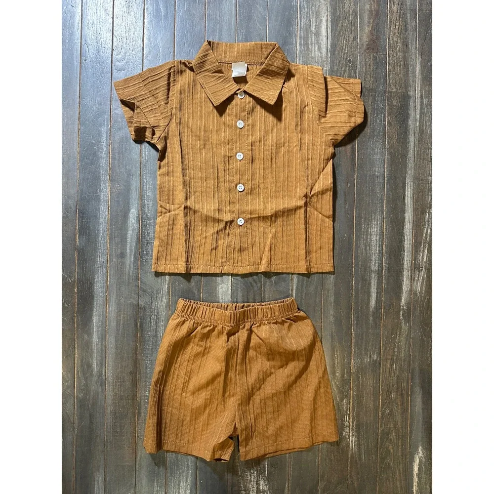 Boys Caramel Brown Textured Ribbed 2 Piece Shirt and Shorts Set Kids Summer